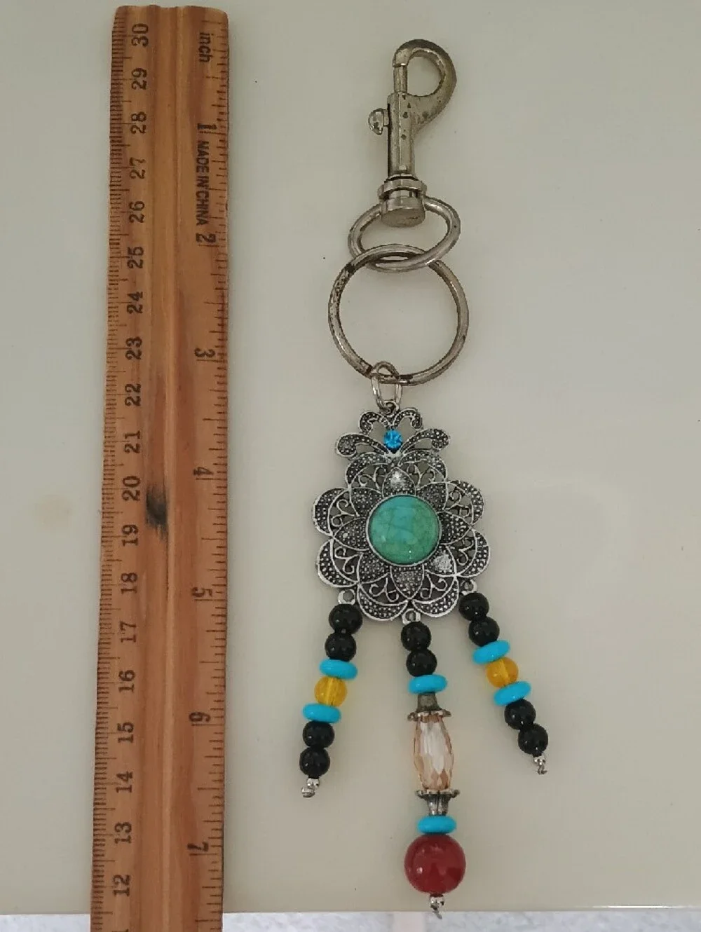 Boho Turquoise & Red Beaded Silver Keychain Charm